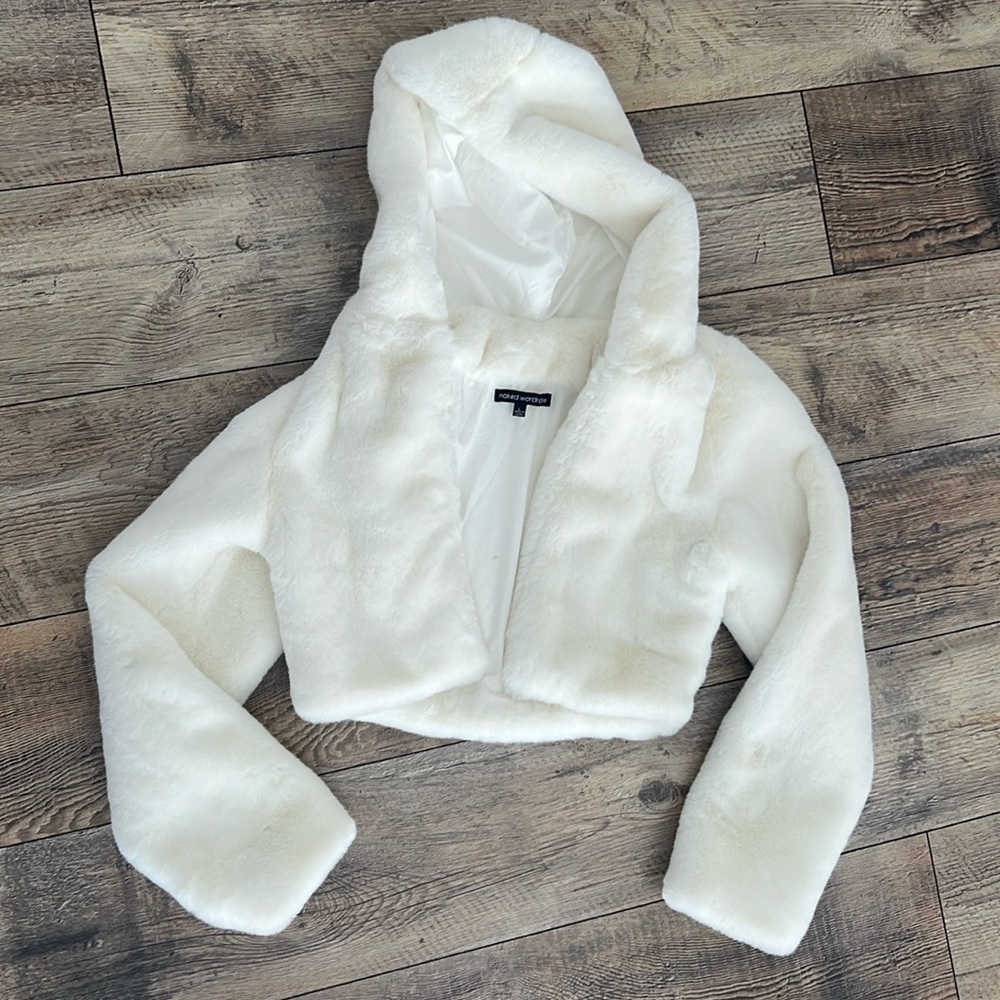 Naked Wardrobe hooded cropped fur coat. Size Large.